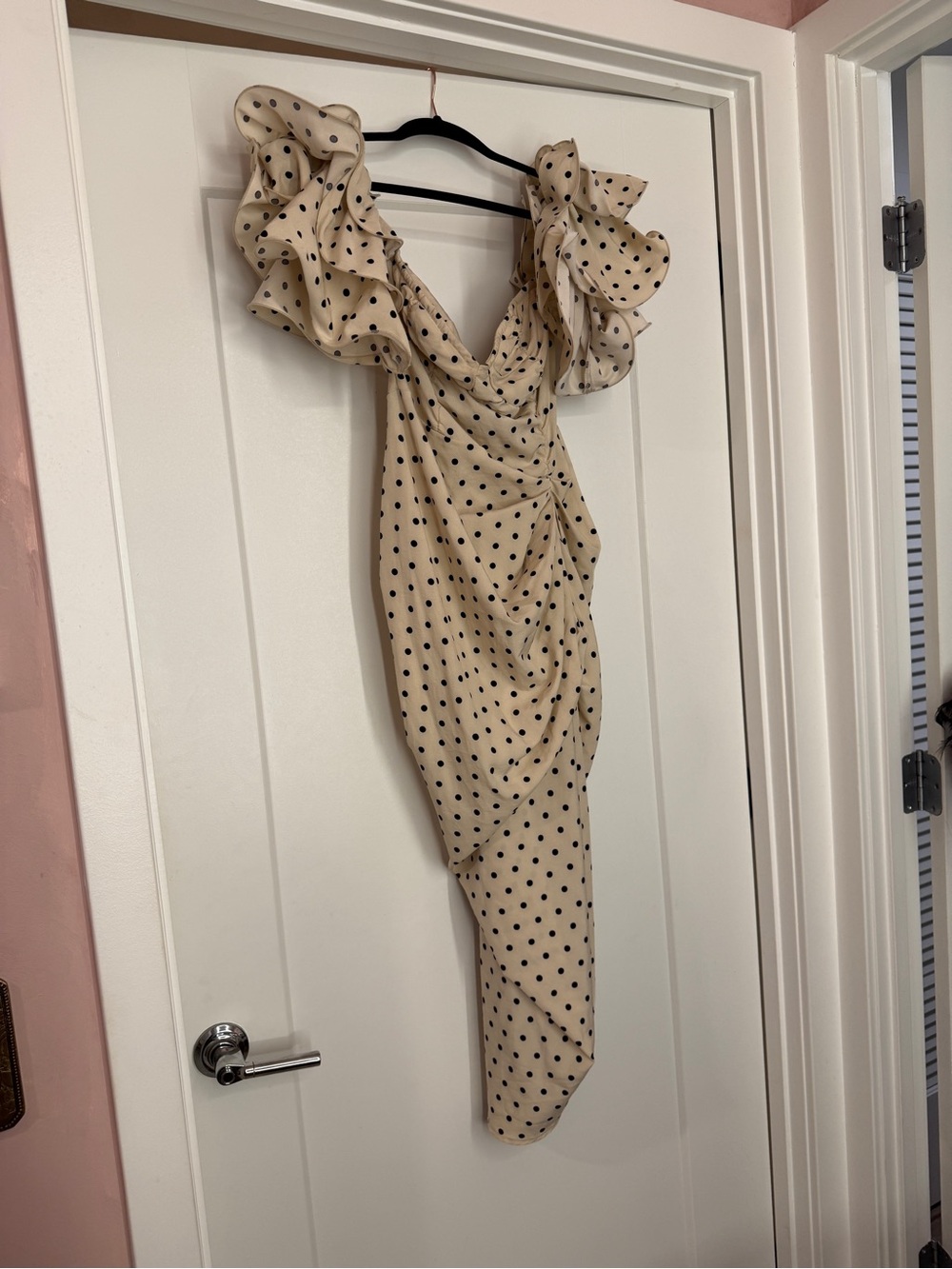 Polka Dot Off-Shoulder Ruffle Midi Dress in Cream - Picture 4 of 7